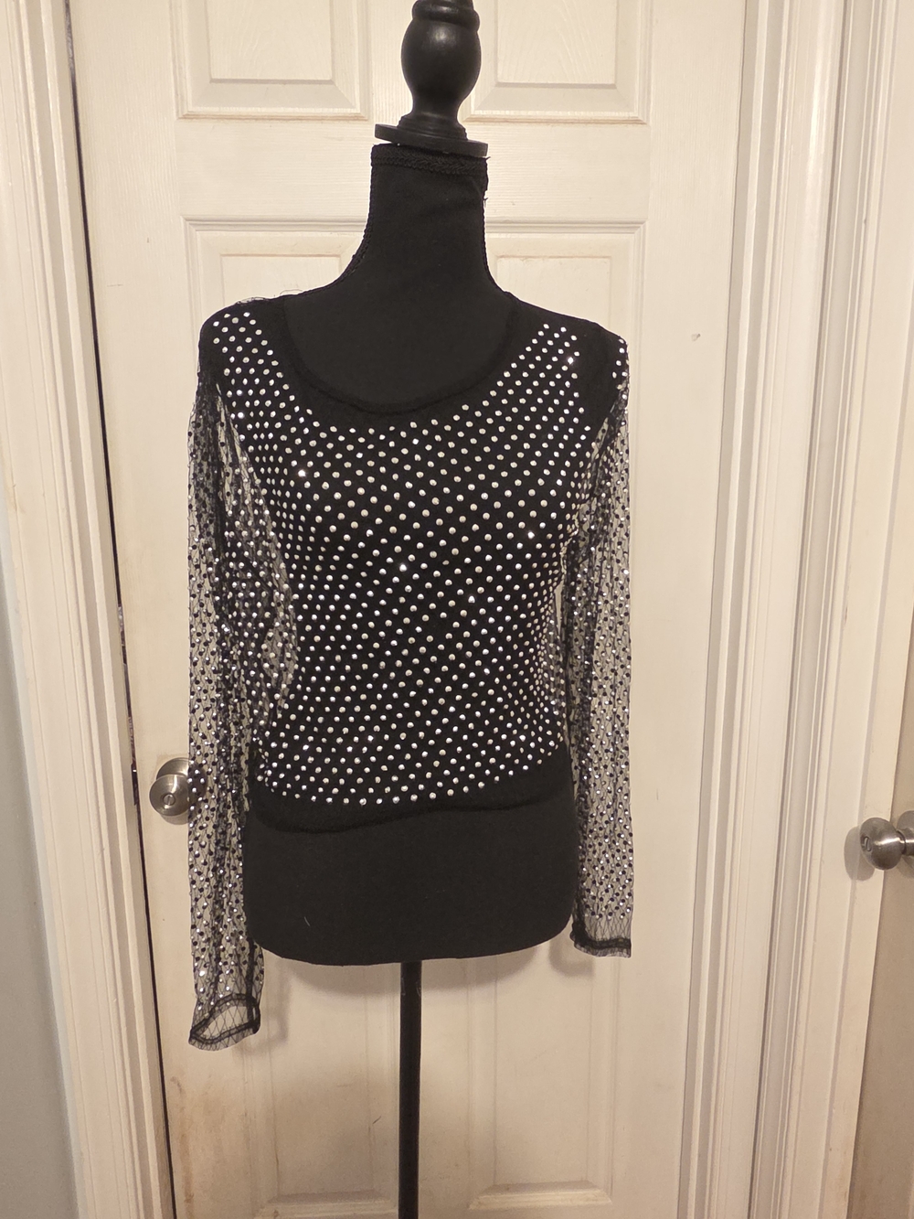 Black Studded Mesh Long Sleeve Tee